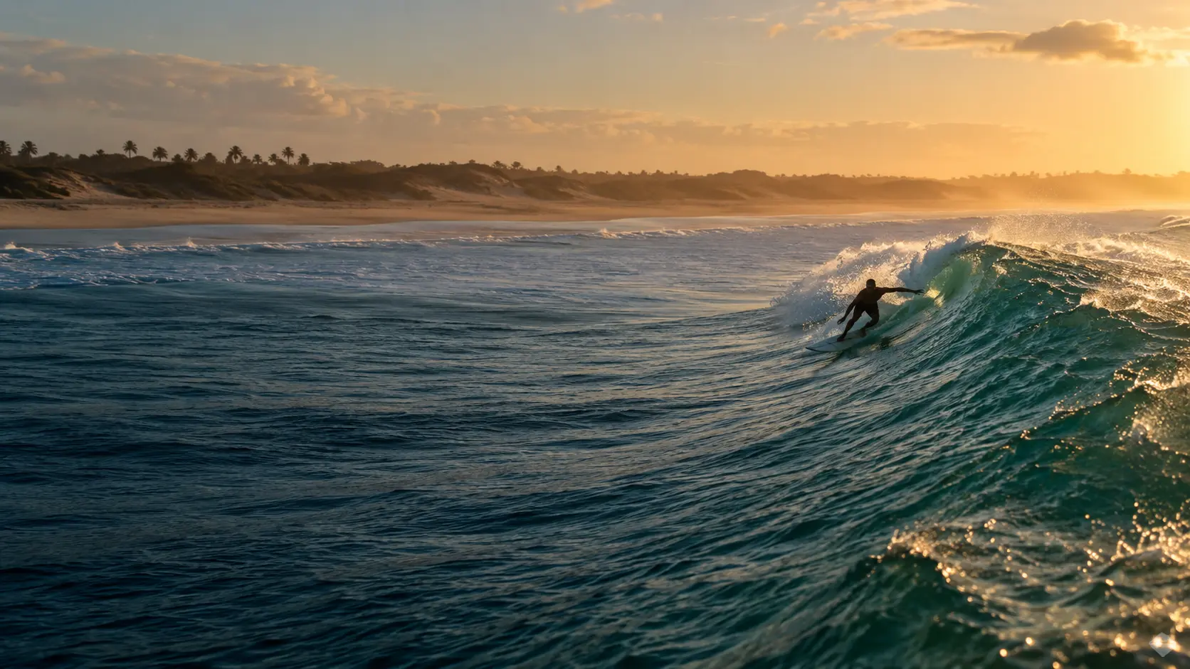 Surfista em uma onda ao amanhecer
